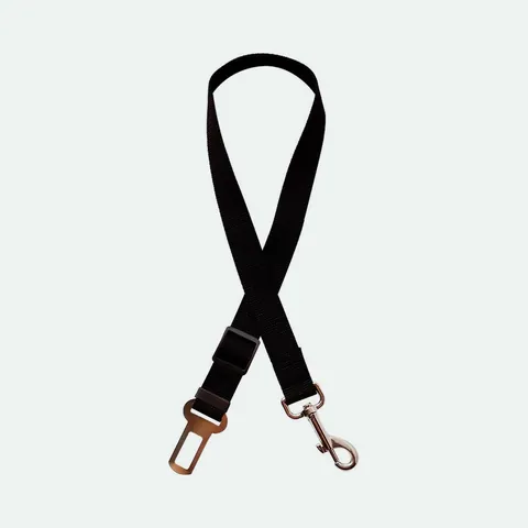 Black nylon dog seat belt tether with a seat-belt tongue, length slider and swivel clip