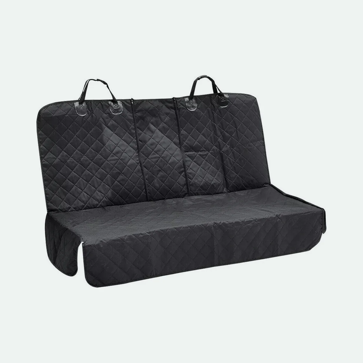Black quilted back seat hammock fitted across a rear car seat, with straps over the headrests