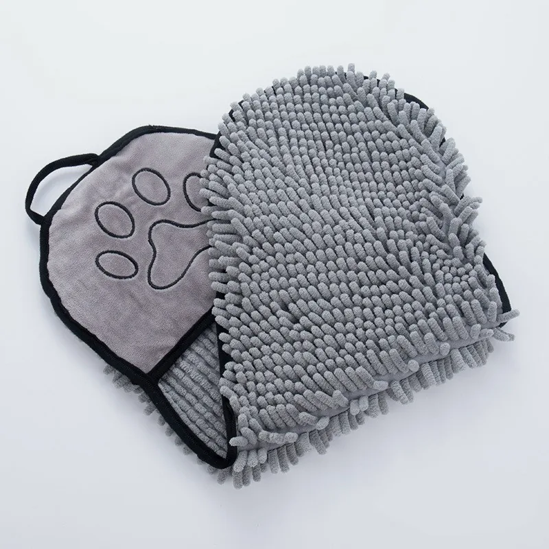 Grey chenille drying towel laid flat, showing the hand pockets with a paw print