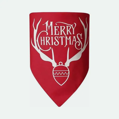 Red triangle dog bandana printed with Merry Christmas, white antlers and a bauble