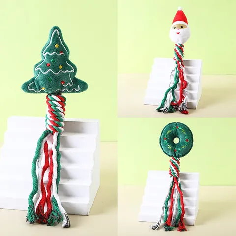 Tree set: Christmas tree, Santa and wreath plush heads, each on a braided red, white and green rope