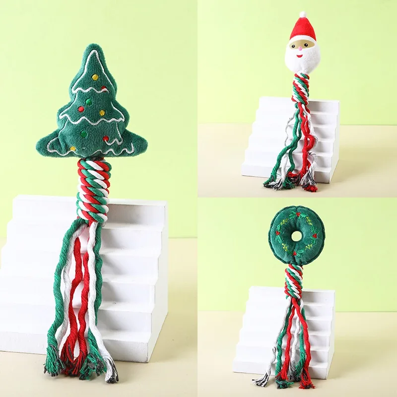 Tree set: Christmas tree, Santa and wreath plush heads, each on a braided red, white and green rope