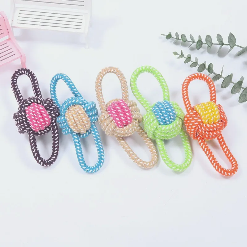 Five double-loop cotton rope toys with a knot in the middle, in mixed colours