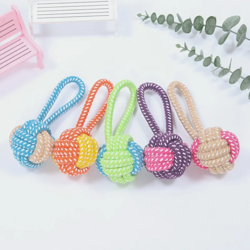 Five cotton rope balls on rope loops in mixed colours