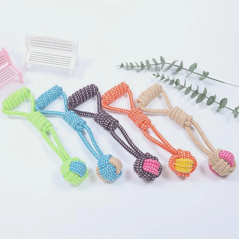 Five cotton rope tug toys with a triangular handle and a knot ball, in mixed colours