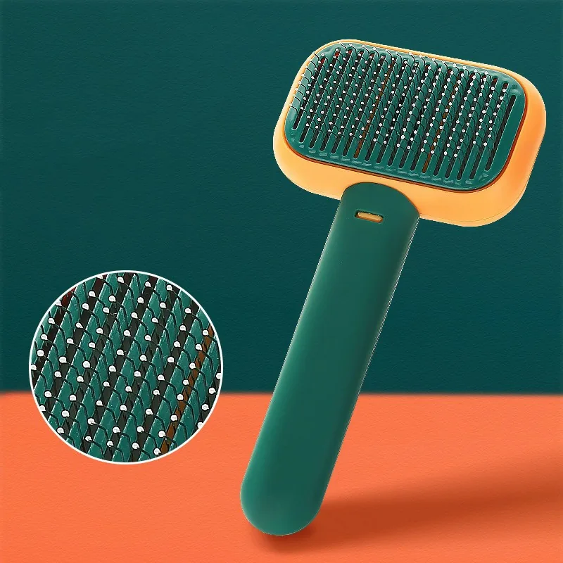 Green and orange self-cleaning slicker brush