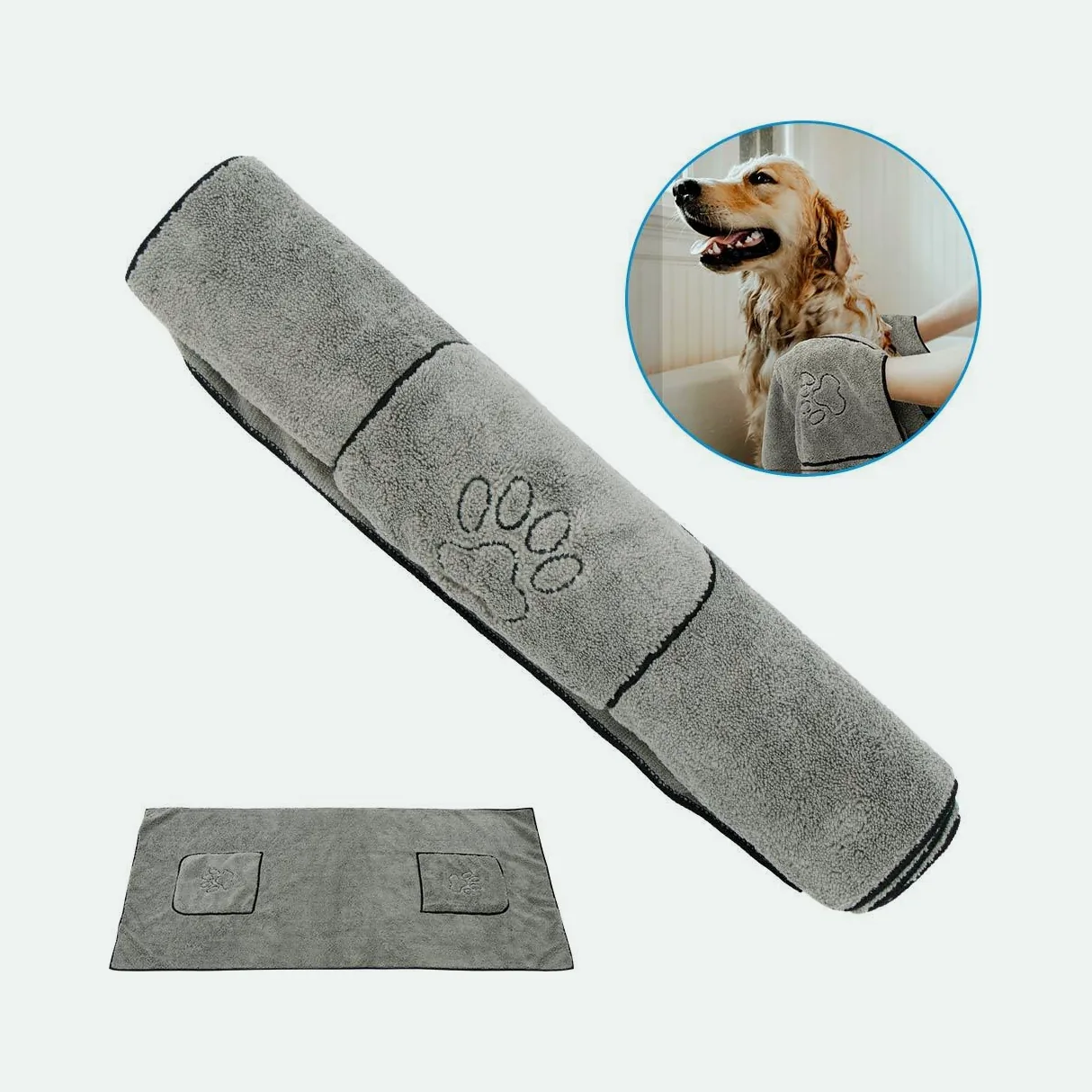 Grey microfibre dog towel rolled up, with the flat towel below and a dog being dried in an inset