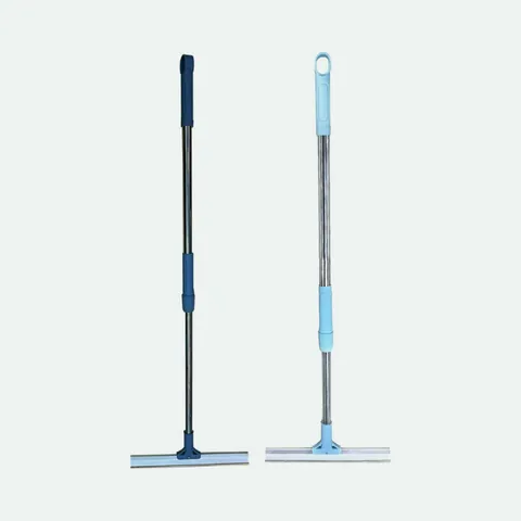Two rubber pet hair brooms with metal handles, one navy and one light blue