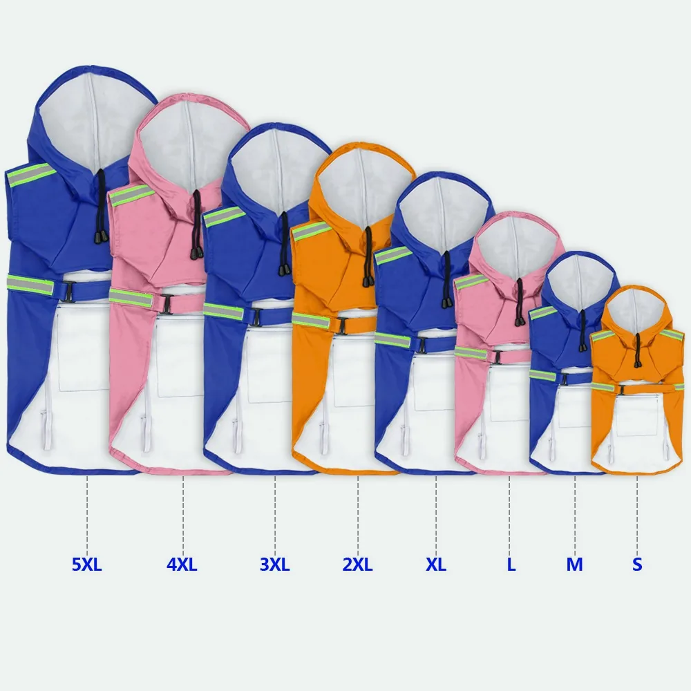 The raincoat in a row of sizes from smallest to largest, in several colours