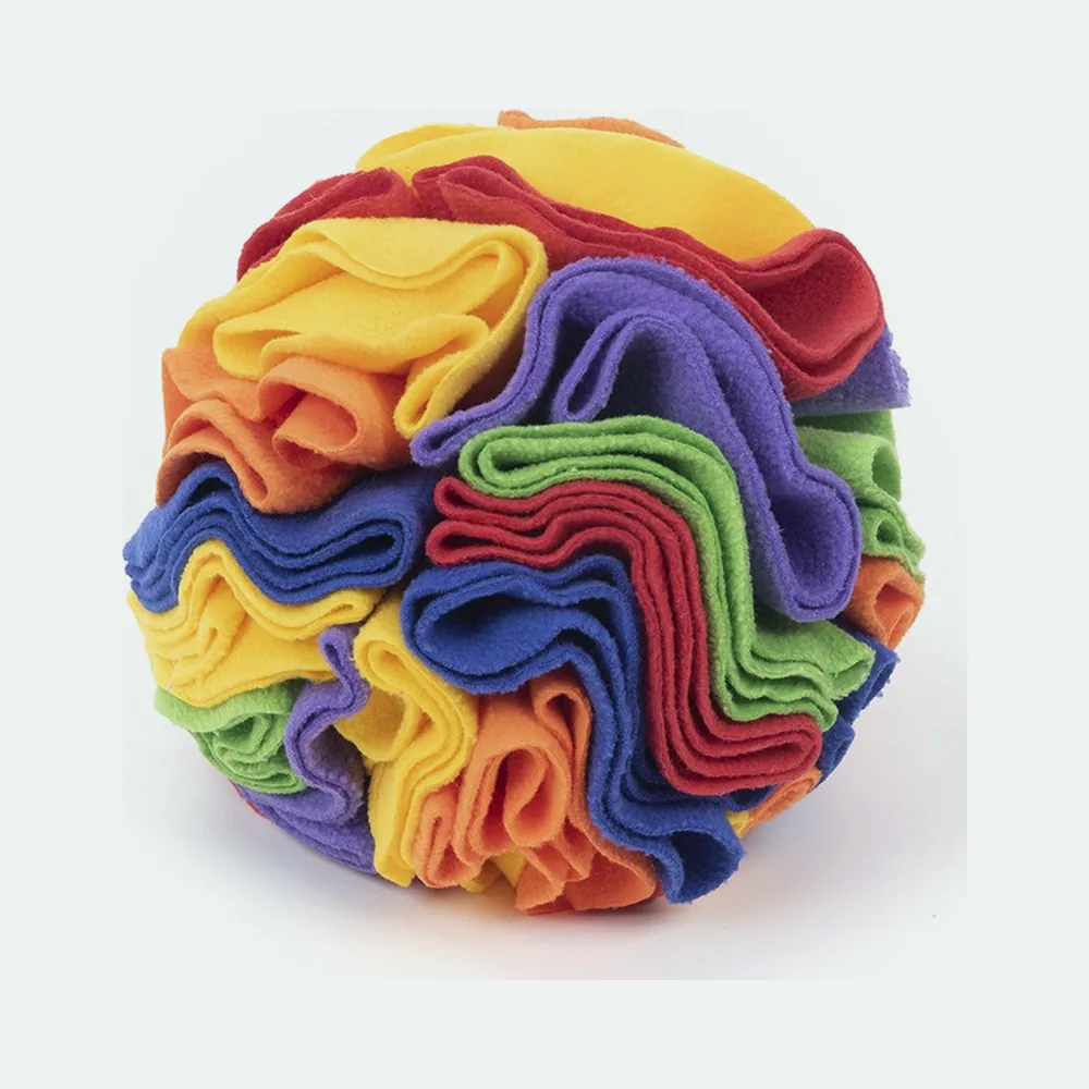 Rainbow snuffle ball with yellow, orange, red, purple, blue and green fleece frills